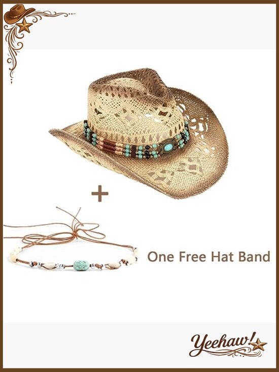 Straw Cowboy Hat with Two Removable Decorative Bands, Sun Protection main image 4
